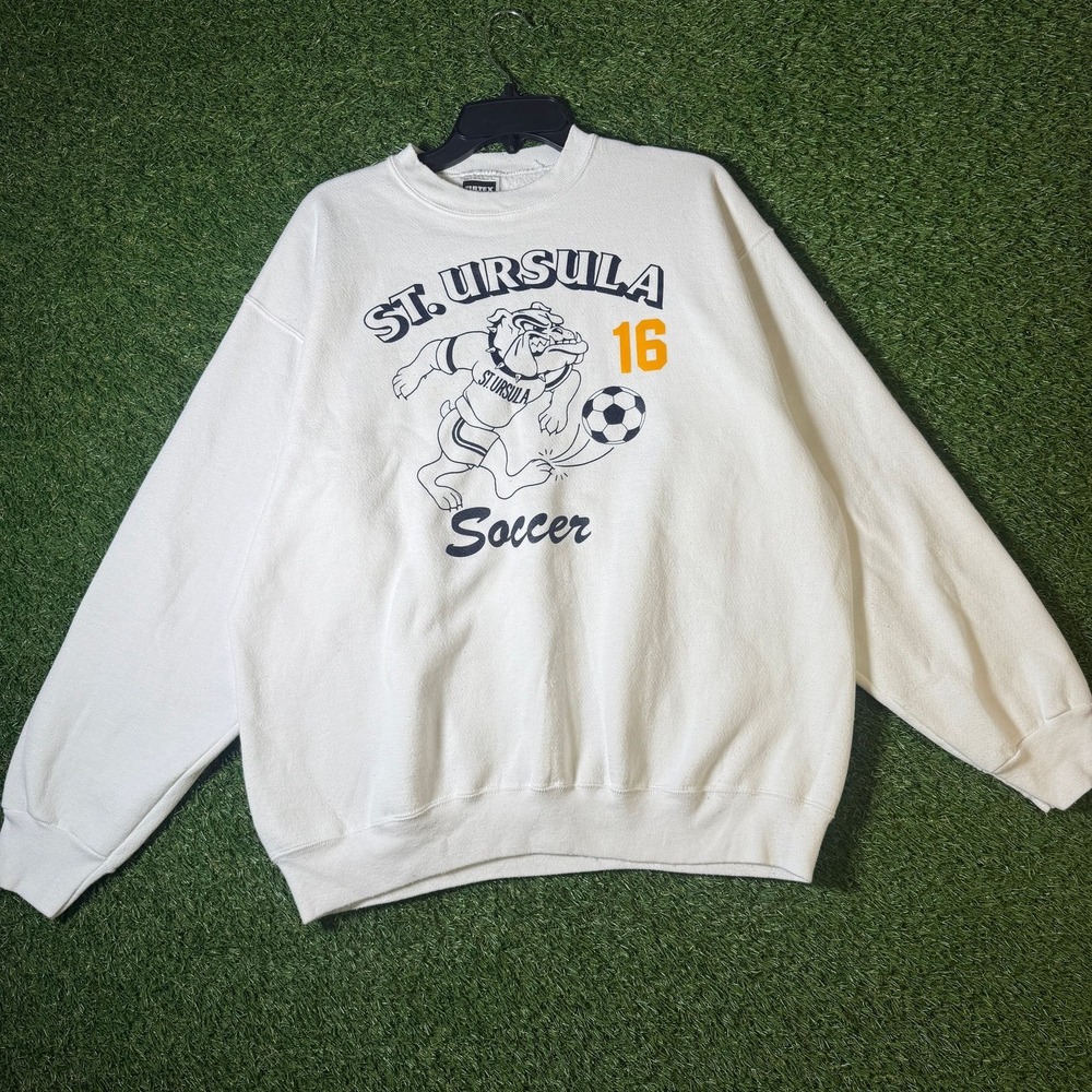 St. Ursula Soccer Bulldog‎ Sweatshirt Tultex USA XL White 90s Vintage Sports